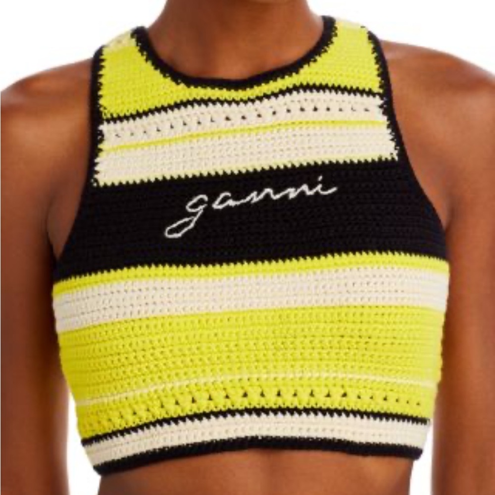 NWT GANNI Crochet Racerback Top in Golden Kiwi Stripe Size 38 * - Picture 1 of 6